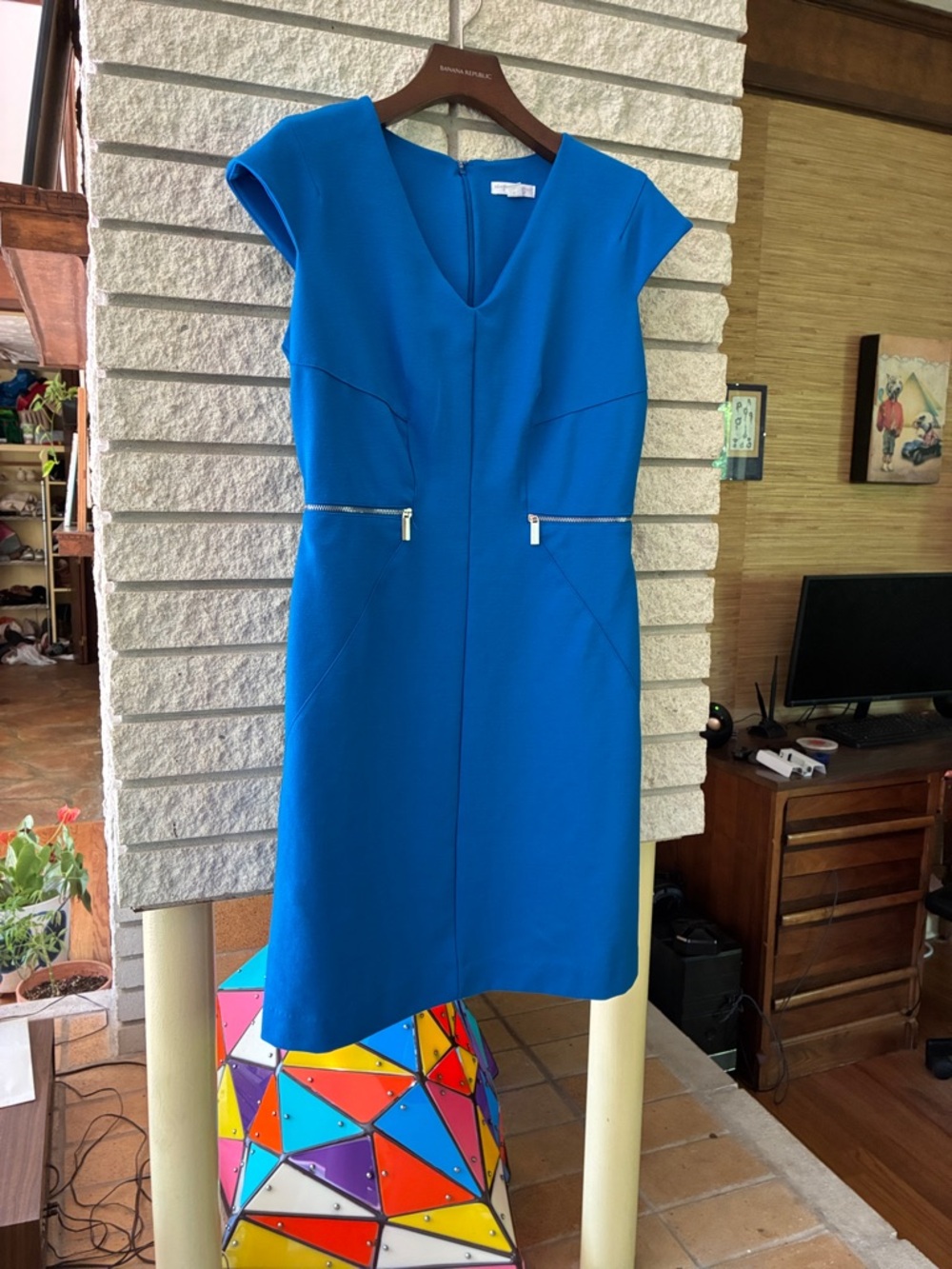 New York & Company Bright Blue V-Neck Midi Sheath Dress